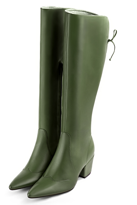 Forest green women's knee-high boots, with laces at the back. Tapered toe. Medium cone heels. Made to measure. Front view - Florence KOOIJMAN